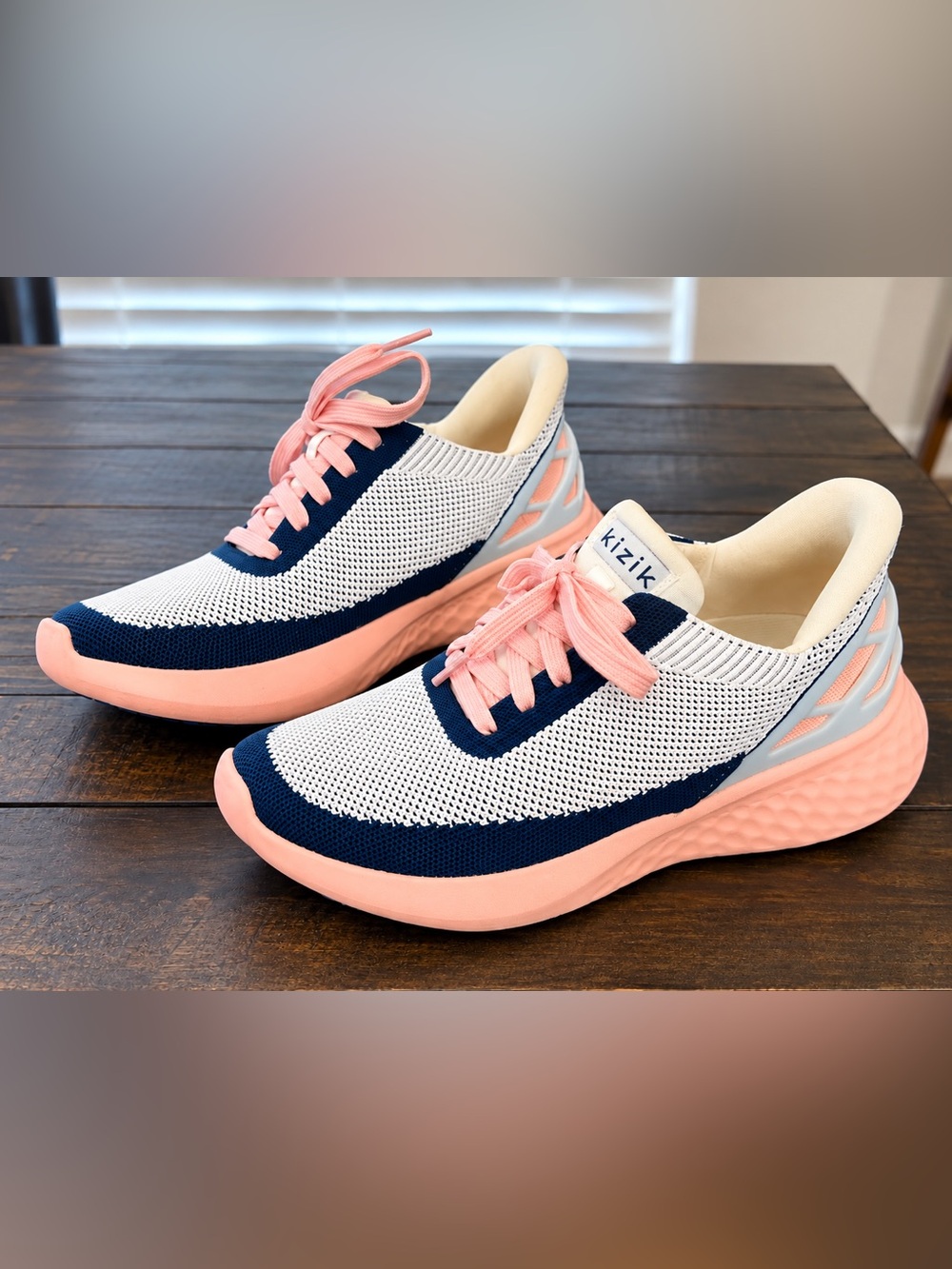 Kizik Women’s Pink and Navy Knit Slip-On Sneakers